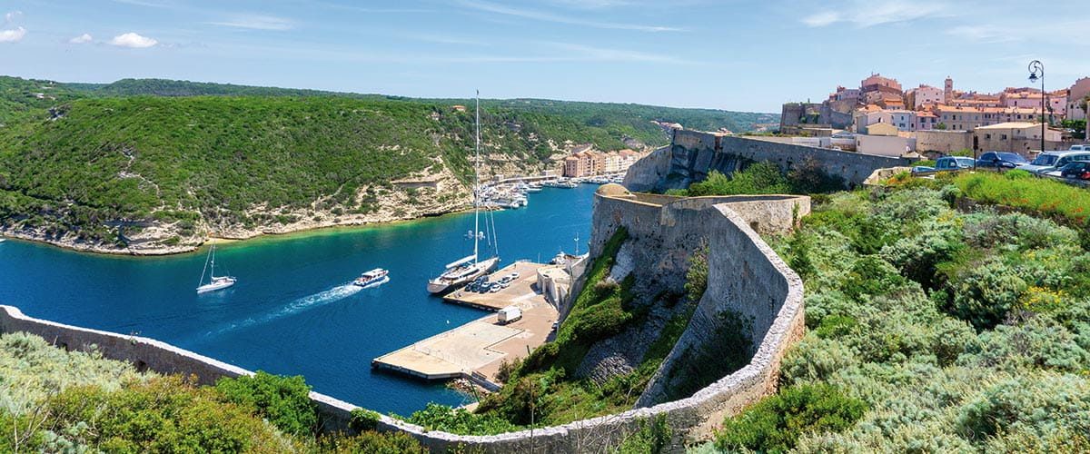 An aerial view over the harbour and town of Calvi, Corsica